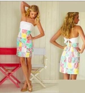 Lilly Pulitzer Womens 0 White Multi Franco Strapless Patchwork Mini Dress Boho